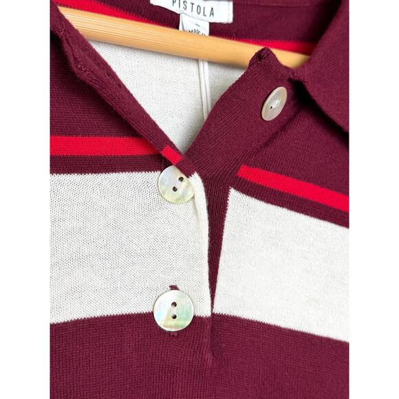 NWT Pistola Drea Polo Ruby Sangria Stripe Cotton Sweater Top Shirt Red Small - Picture 3 of 7
